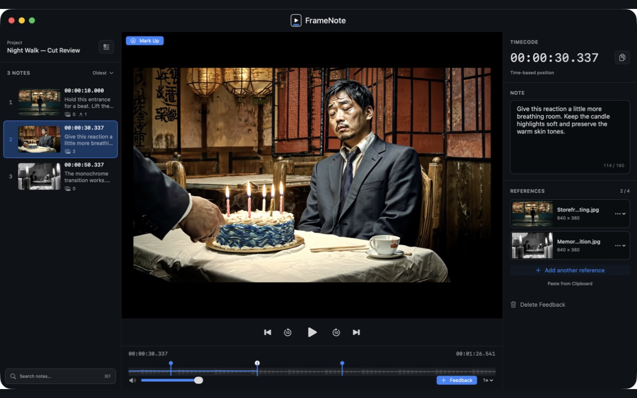 영상의 특정 시점에 메모와 참고 이미지를 연결한 FrameReview의 영상 리뷰 화면